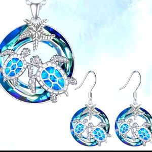 LOW START Sterling / abalone/saworski Crystal sea turtles pendant/Earrings/Chain